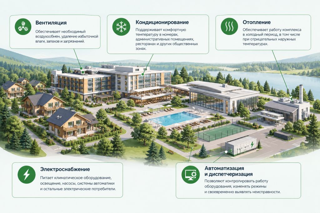 Основные инженерные системы базы отдыха Основные инженерные системы базы отдыха: вентиляция, кондиционирование, отопление, электроснабжение и автоматизация